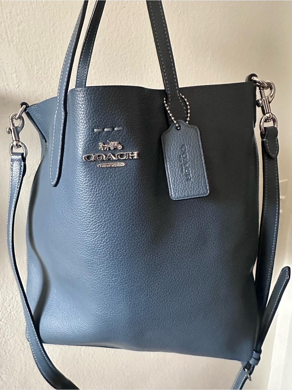 COACH THEA BAG Soft Pebbled Leather Tote Denim Blue Silver Hardware NEVER USED